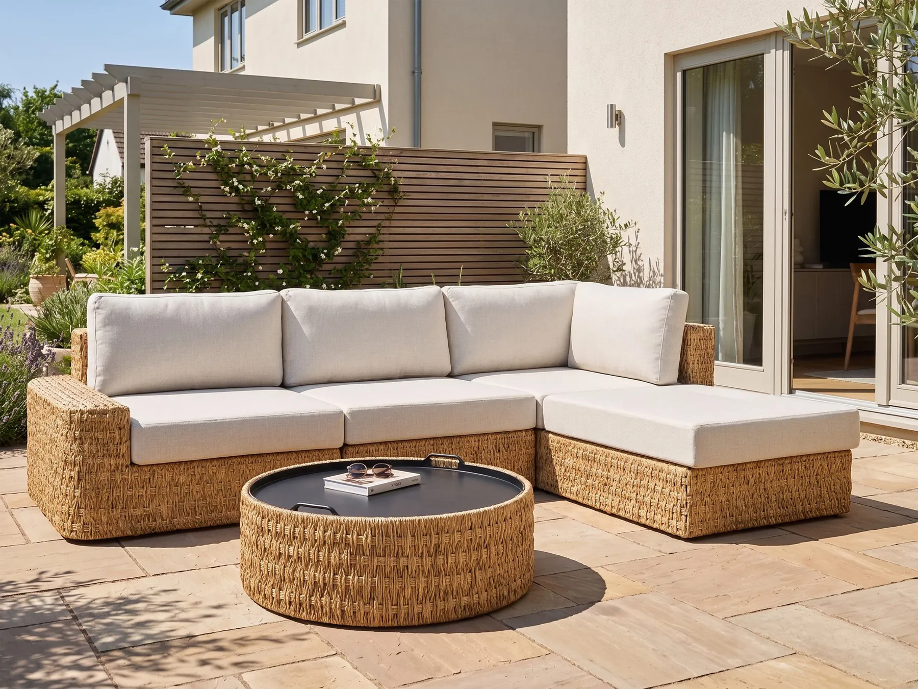 OLIVERI 4-zits Tuin Hoekloungeset met Tafel Linkszijdig | Beige PE Rotan - Afbeelding 3