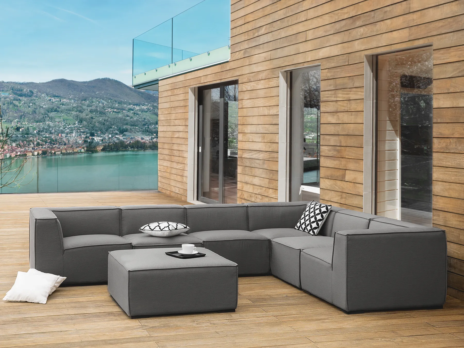 AREZZO 7-zits Tuin Hoekbank met Ottomaan Linkszijdig Grijs Modulair