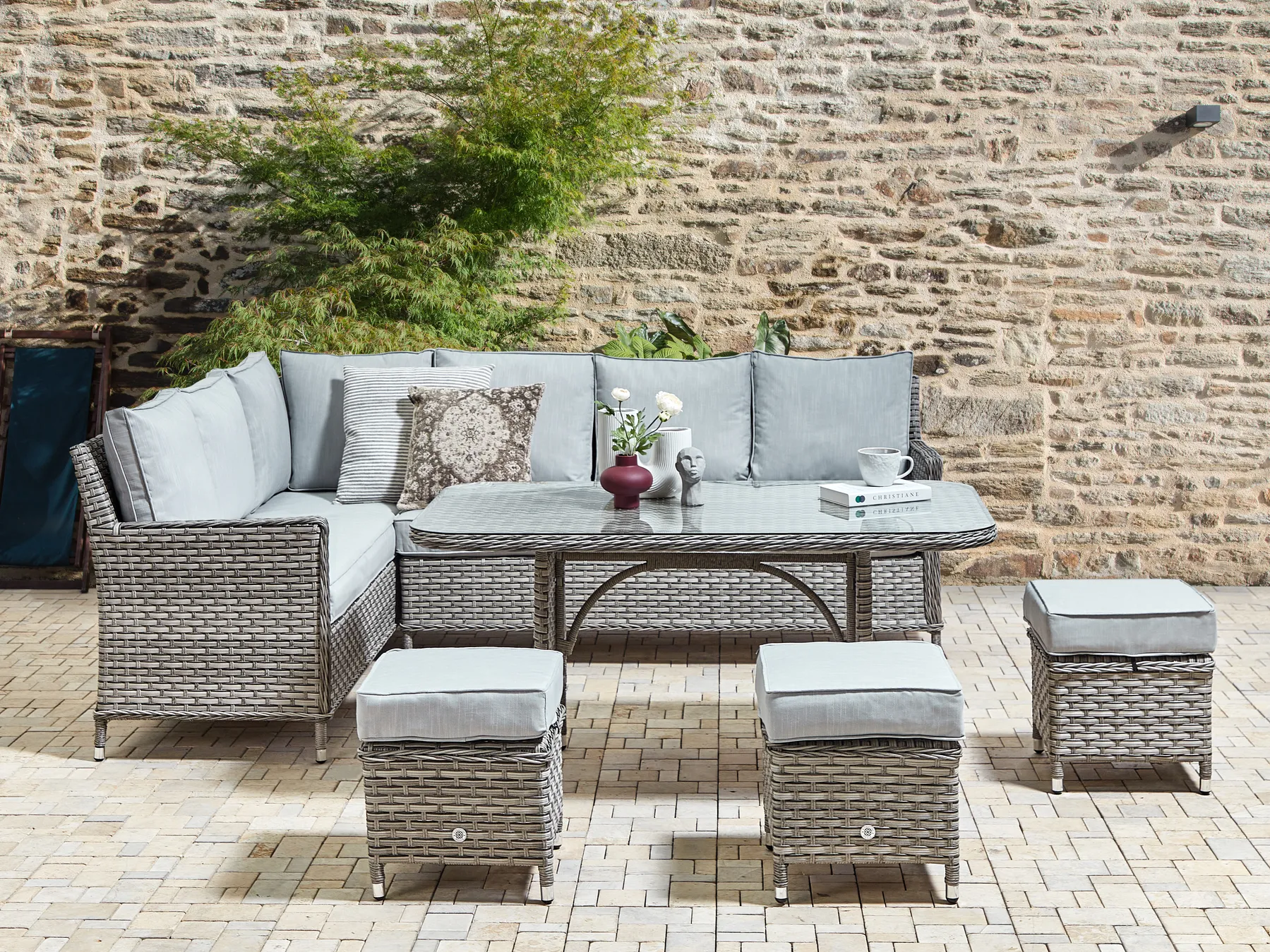 LACONA 9-zits Loungeset met Tafel en Ottomaan Rechtszijdig Lichtgrijs PE Rotan
