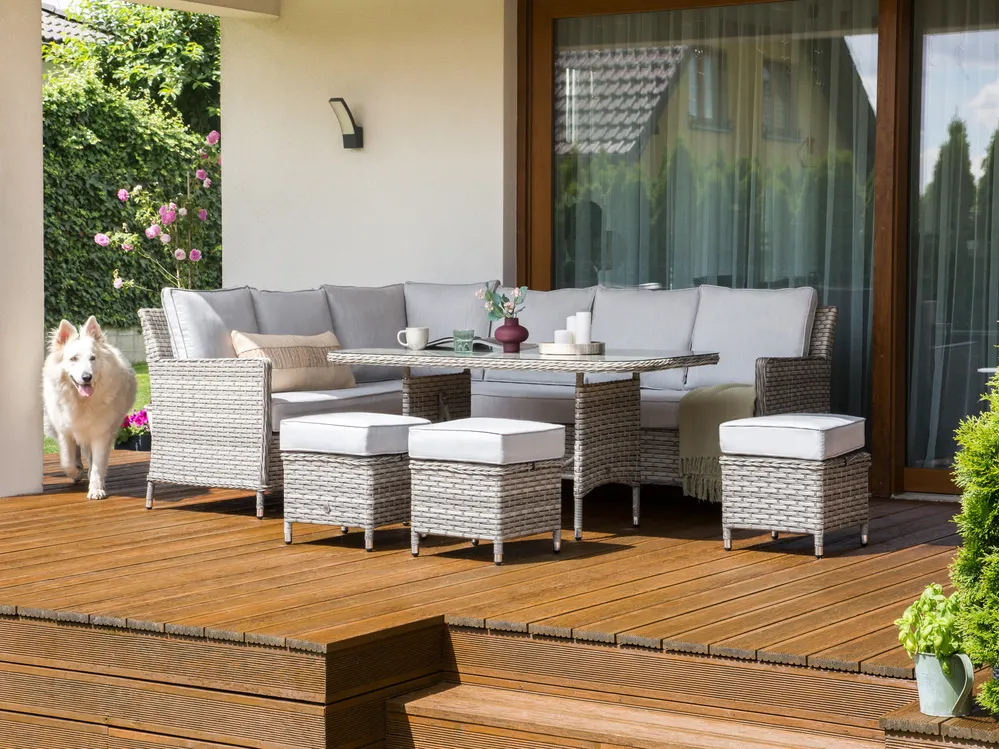 LACONA 9-zits Loungeset met Tafel en Ottomaan Rechtszijdig Lichtgrijs PE Rotan - Afbeelding 2