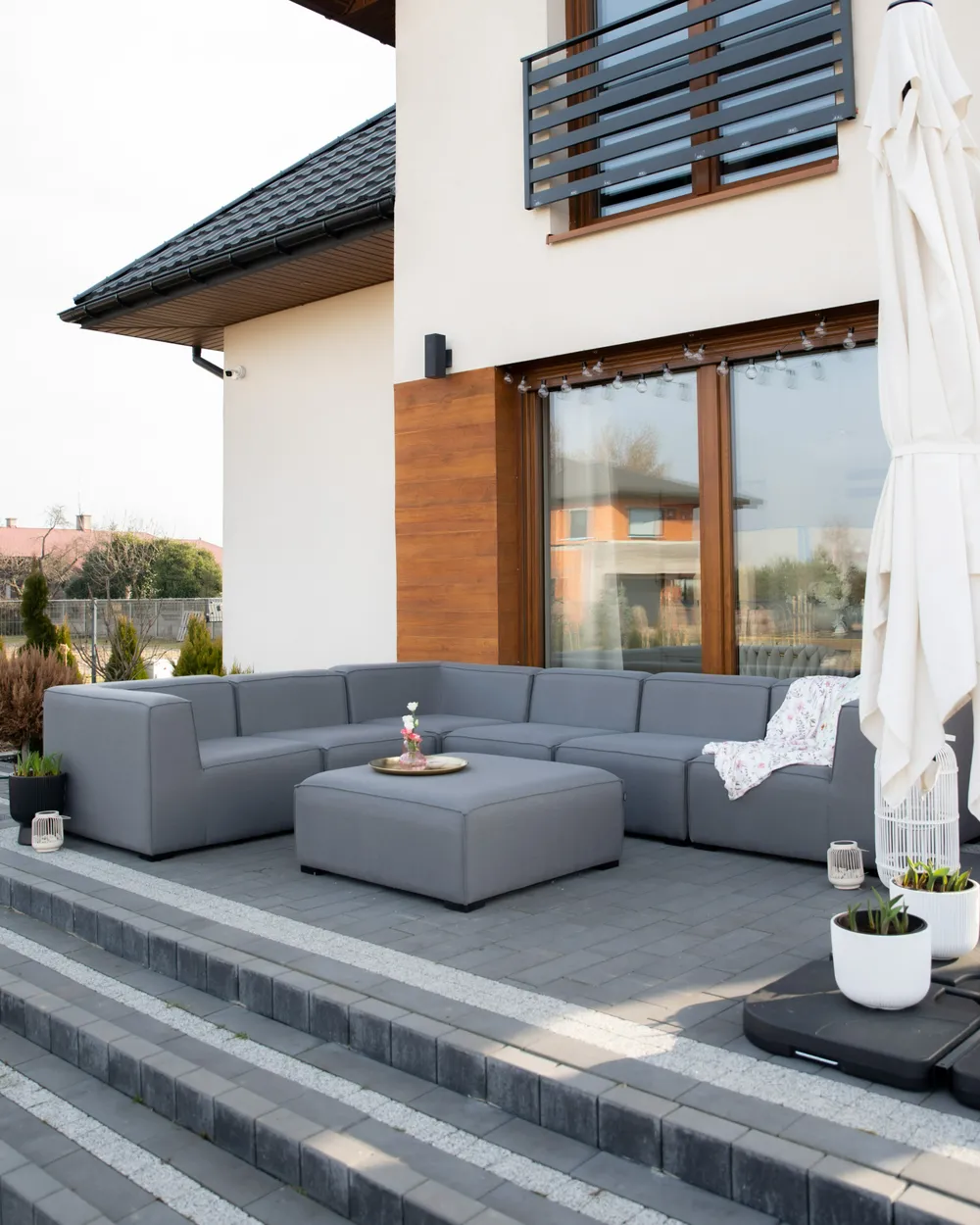 AREZZO 7-zits Tuin Hoekbank met Ottomaan Rechtszijdig | Donkergrijs Modulair