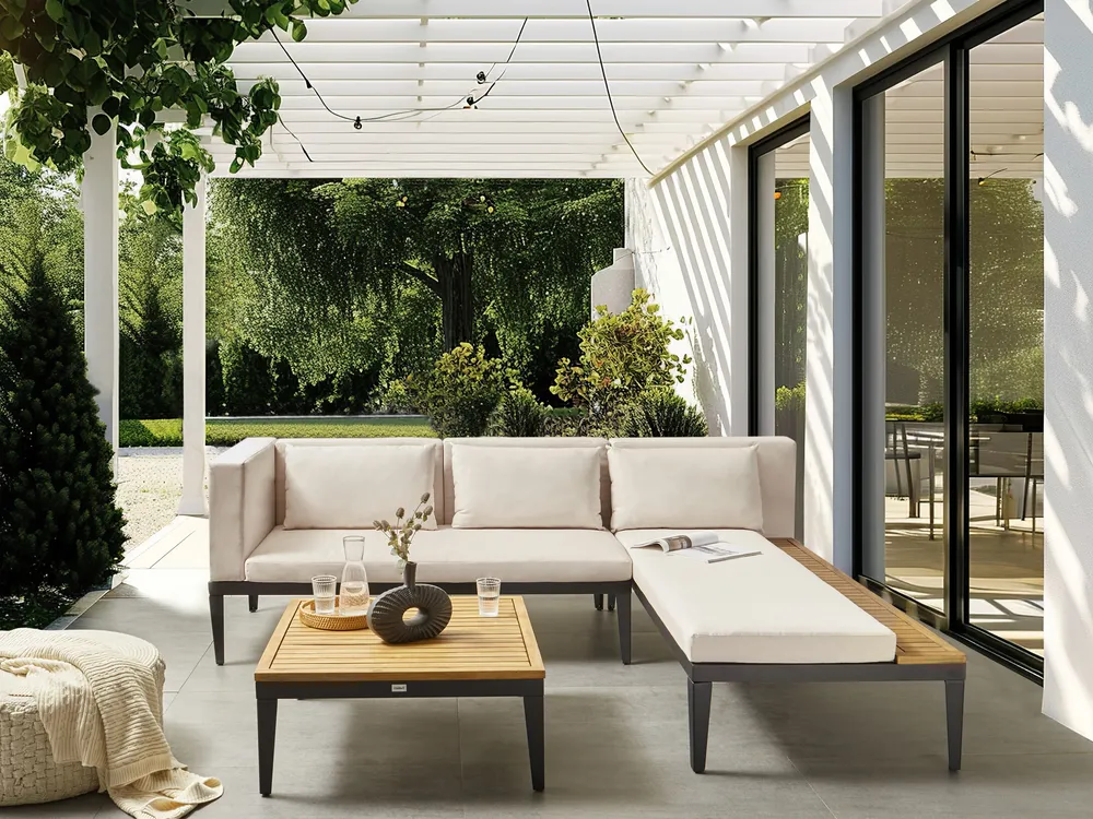 BRACCIANO 3-zits Tuin Hoekloungeset met Tafel Linkszijdig | Lichtbeige Acaciahout