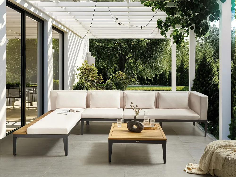 BRACCIANO 4-zits Tuin Hoekloungeset met Tafel Rechtszijdig | Lichtbeige Acaciahout